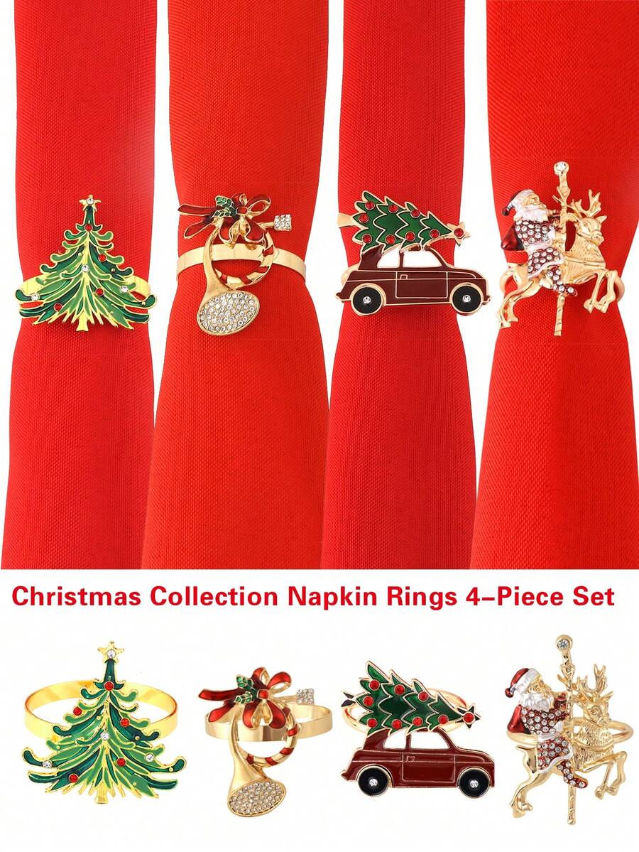 4 Bộ Combo Khăn Ăn Nhẫn Giáng Sinh Cho Bàn Nhà Hàng Trang Trí Giáng Sinh, Cây Giáng Sinh, Ông Già Noel, Nhạc Cụ, Nhẫn Khăn Ăn Cây Giáng Sinh Trên Xe Hơi - Nhiều màu - Xem 1