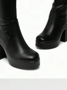 Women's Platform Chunky Heel Knee-High Boots Square Toe Fashionable Solid Color Y2K GoGo Boots - Black - View 8