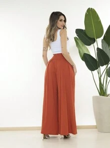 Wide-Leg Loose-Fitting Palazzo Pants In Viscose Fabric, Wide Waistband, High Waist, Pleats - Burnt Orange - View 4