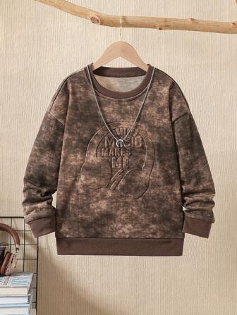 Europe And The United States Autumn And Winter New Boys' Hoodie Soil Dyed Fabric Cool Earphone Embossed Steel Print Pattern Ribbed Cuffs Street Wear Style Hoodie