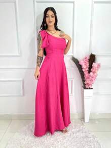 Long Luxury Plain Duna Linen Dress With Bow One Shoulder - Hot Pink - View 2