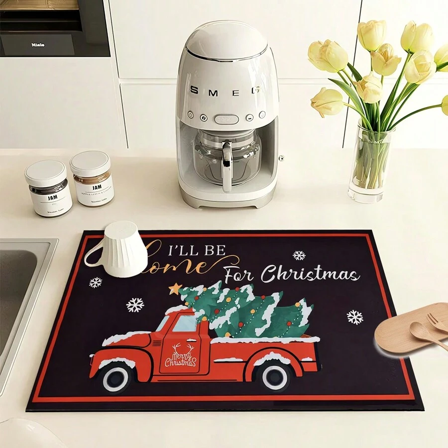 1 Thảm thấm in hình cây thông Noel, Tấm thấm nước mới cho quầy bếp, Thảm khô nhanh chống trượt bằng đất tảo cát mềm cho quầy bếp, Máy pha cà phê, v.v. - Nhiều màu - Xem 1