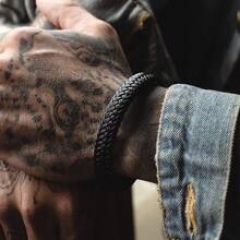 Bracelet tressé noir à fermoir magnétique en acier inoxydable pour hommes, manchette