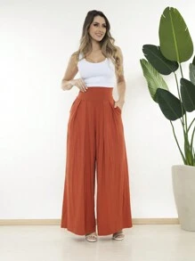 Wide-Leg Loose-Fitting Palazzo Pants In Viscose Fabric, Wide Waistband, High Waist, Pleats - Burnt Orange - View 3