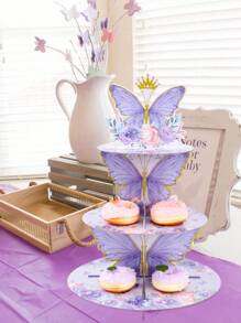 1个三层紫色蝴蝶主题纸杯蛋糕架，生日派对装饰，纸板纸杯蛋糕托架，纸杯蛋糕塔，生日派对用品，蝴蝶主题派对餐桌装饰，性别揭晓派对纸杯蛋糕展示架，圣诞节 - 紫色蝴蝶 - 查看 6