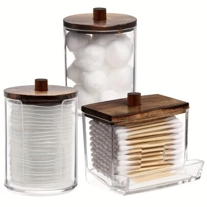 1pc/3pcs, Brown Wooden Lid Stand Dispenser For Various Storage, 7/10 Ounces Clear Plastic Apothecary Jars Set, Bathroom Jars Storage Organization, Dressing Table Storage Box With Wooden Lid Storage