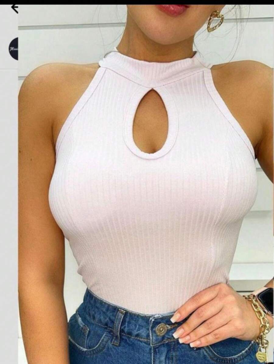 High Neck Ribbed Drop Neck Tank Top - White - View 1