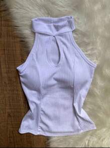 High Neck Ribbed Drop Neck Tank Top - White - View 2