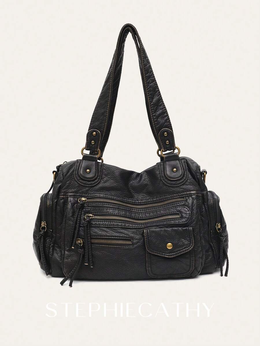STEPHIECATHY Solid Color Washed PU Leather, Zipper Closure, Multi-Pocket Design, Women's Shoulder Crossbody Bag, Casual & Practical, Suitable For Daily Life - Black - View 1