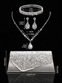 華麗，精美，安靜的奢華女性優雅閃閃發光裝飾晚宴手拿包，配有鑽石鏈帶和手鐲，項鍊，耳環套裝，適用於聚會亮片襟翼手拿包扣晚宴活動聚會手提袋金屬鏈斜挎包，適合派對女孩，女人，新娘完美適用於派對，婚禮，晚宴/宴會。 最好的新年和情人節禮品套裝。 - 銀色 - 查看 4