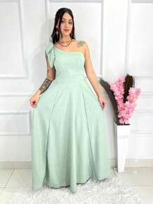Long Plain Duna Linen Dress With Bow One Shoulder - Mint Green - View 1