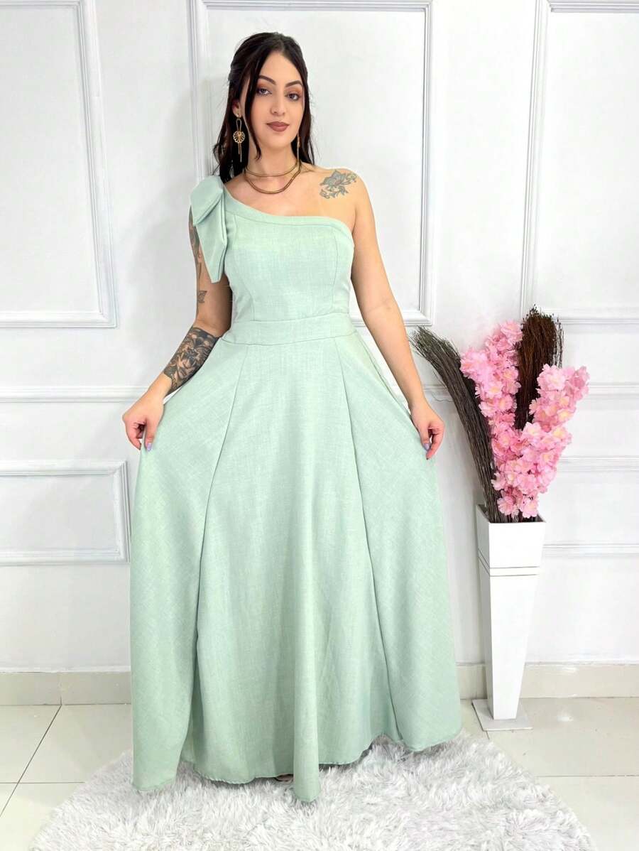 Long Plain Duna Linen Dress With Bow One Shoulder - Mint Green - View 1