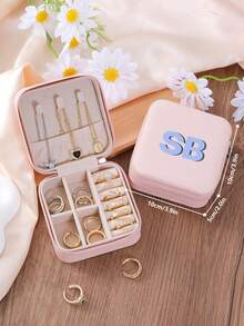 1pc Personalized 2D Initials Jewelry Box,Custom Colored Monogram Portable PU Leather Jewelry Storage Box For Travel,Ideal Gift For Halloween, Christmas, New Year,Young Girls,Mom,Birthday,Bridesmaid