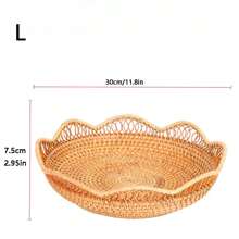 1pc 8.6/11.8 Inch Woven Rattan Wavy Hollow Floral Edge Fruit Basket/Snack Tray, Creative Storage Basket