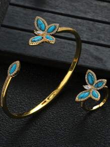 1 套时尚情人节礼物方晶锆石几何花朵和蝴蝶手链和戒指套装，适合女士情人节 - 蝴蝶型 - 查看 2