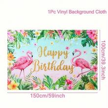 1pc Hawaiian Birthday Backdrop, Tropical Hibiscus Flower & Flamingo Pattern, Beach Party Decor Banner Background - Multicolor - View 2