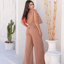 Women's Linen Pants And Stylish Blouse Set - Khaki - View 3