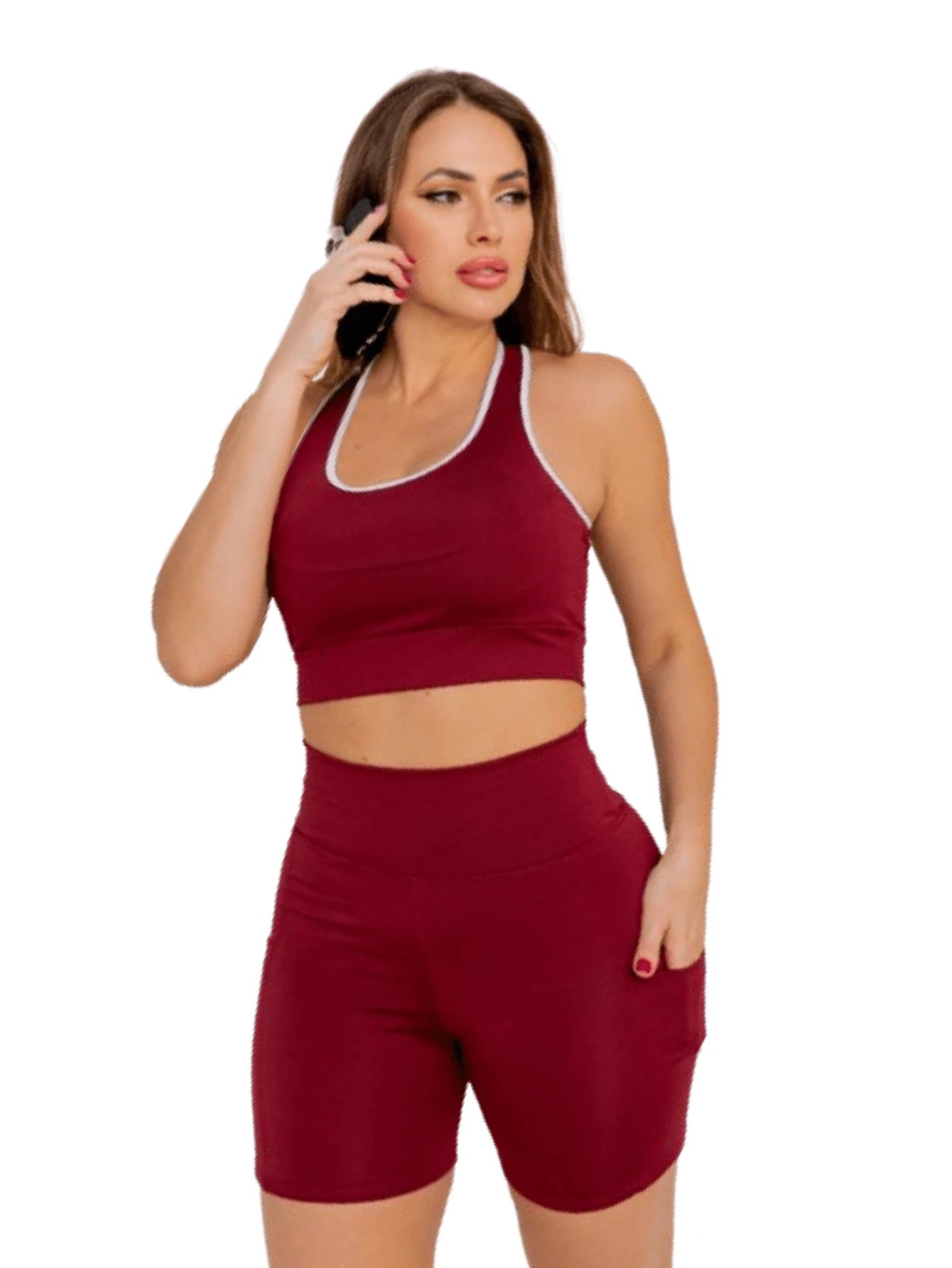 Set With Lined Top Without Transparency + Bermuda Shorts With Side Pocket For Cell Phone - Màu Đỏ Sâu - Xem 1