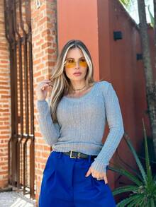 V-Neck Knit Blouse Casual Blogger Outing Party Park - 淺灰色 - 查看 3