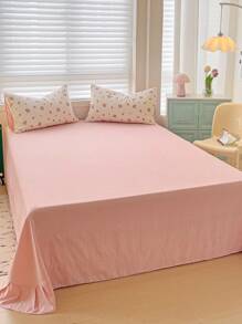 可爱兔子和花朵图案 4 件套床上用品套装，含 1 个羽绒被套、2 个枕套、1 个床笠，无填充物，适合卧室，粉色和白色