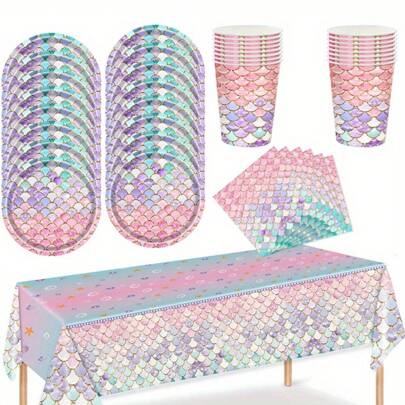 Paper Plates And Napkins Party Supplies Disposable Mermaid Party Plates And Napkins Tableware Sets Fitted Pink Tablecloths Paper Cups Dinner Plates Supplies Multi-Purpose For Party Holiday Birthday Decorations