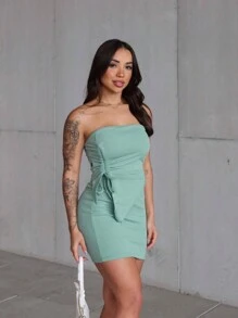 Di Boutique Chic Women's Sets Solid Casual Basic Comfort Model Shein Curve Elegant Chic Strapless Gathered Side Short Skirt High Waist Fashion New Summer Launch - 綠色 - 查看 4