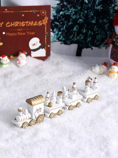 1pc Christmas 4 Pieces Wooden Snowman & Round Top Mini Train Home Window Christmas Tree Decor Tabletop Ornament (Gift Box),Christmas