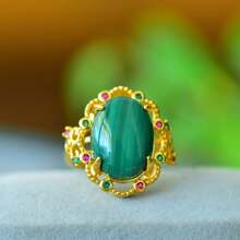 1 pieza Anillo ajustable de malaquita natural con diseño dorado, anillo con diseño de gema y oro, hecho a mano, guardián de la paz, anillo de buena suerte y fortuna de moda para hombre, mujer y pareja, anillo de compromiso memorial, cristal curativo, amuleto regalo, regalo para ella, regalo festivo, regalo de cristal de moda. (Con caja de regalo)