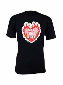 Heart Of Fire Print T-Shirt HOT GIRLS READ, HOT GIRLS READ Basic Unisex Short Sleeve - 黑色 - 查看 1