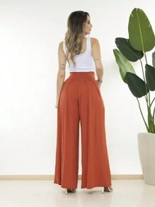 Wide-Leg Loose-Fitting Palazzo Pants In Viscose Fabric, Wide Waistband, High Waist, Pleats - Burnt Orange - View 2
