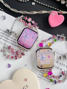 1pc Fashionable Rhinestone Apple Watchstrap Diamond Band, Women's Pink Metal Exquisite Love Pendant Beaded Bracelet With Rhinestones, Ruby Apple Watchband Bracelet With European And American Style, Heart-Shaped Pendant, Compatible With Apple WatchBand 40/41/42/44/45/38/49mm,Ultra2/1 Applies To AppleWatch Se Series 9/8/7/6/5/4/3/2/1series.Compatible With Apple Watch Bracelet.