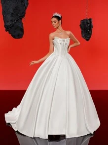 HEARBOBO Vintage Strapless Corset Elegant Big Skirt Wedding Dress Bridal, Photo Shoot Effect With Crinoline But Not Including Crinoline - White - View 2