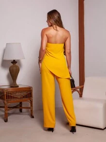 Tailored Strapless Neck Blouse And High Waist Tailored Pantalone Pants Set - 黃色 - 查看 2