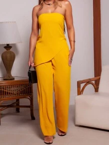 Tailored Strapless Neck Blouse And High Waist Tailored Pantalone Pants Set - 黃色 - 查看 1