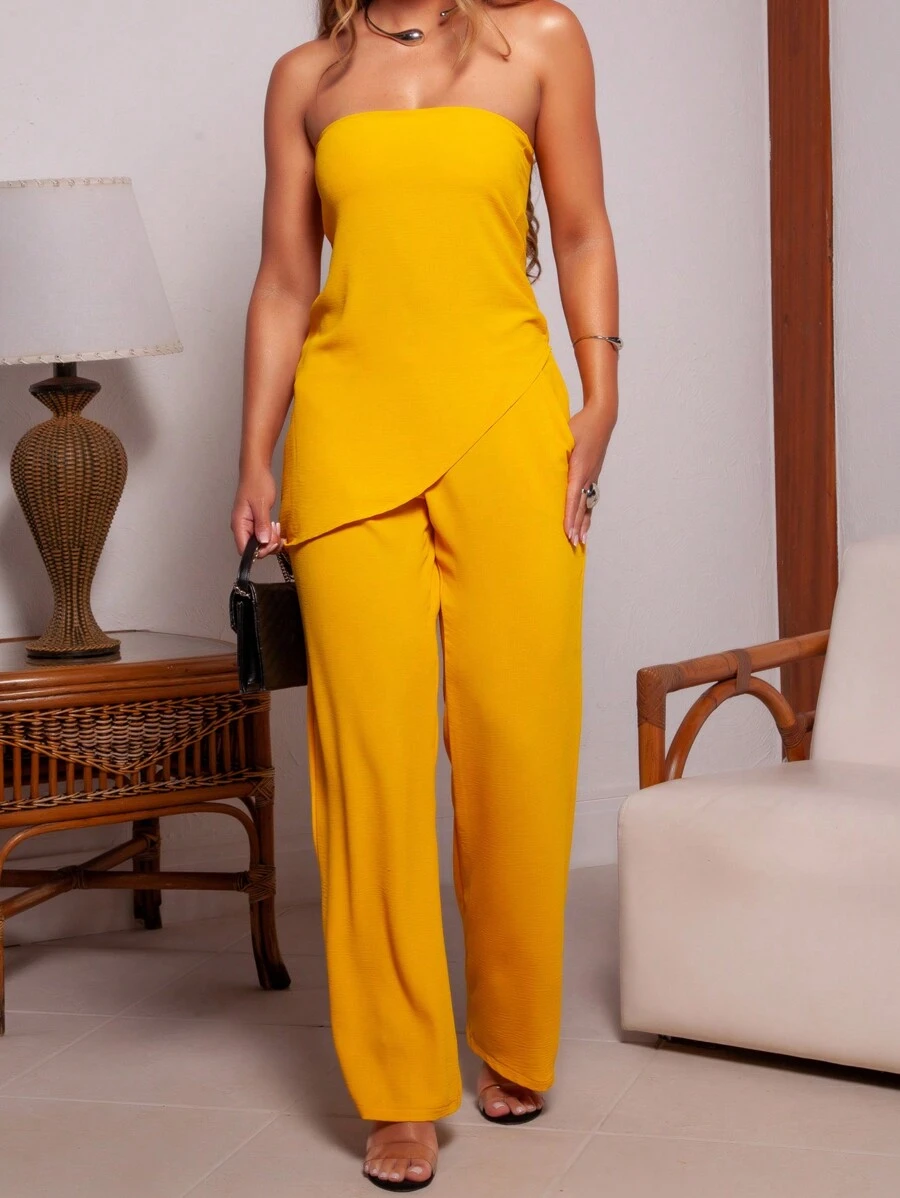 Tailored Strapless Neck Blouse And High Waist Tailored Pantalone Pants Set - 黃色 - 查看 1
