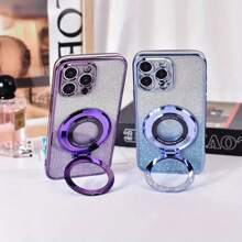 1pc Glitter Electroplated Perforated Gradient Magnetic Collapsible Phone Holder Case Compatible With Iphone 15 Pro Max, Compatible With Realme C55, Compatible With Honor 50 - Purple - View 3