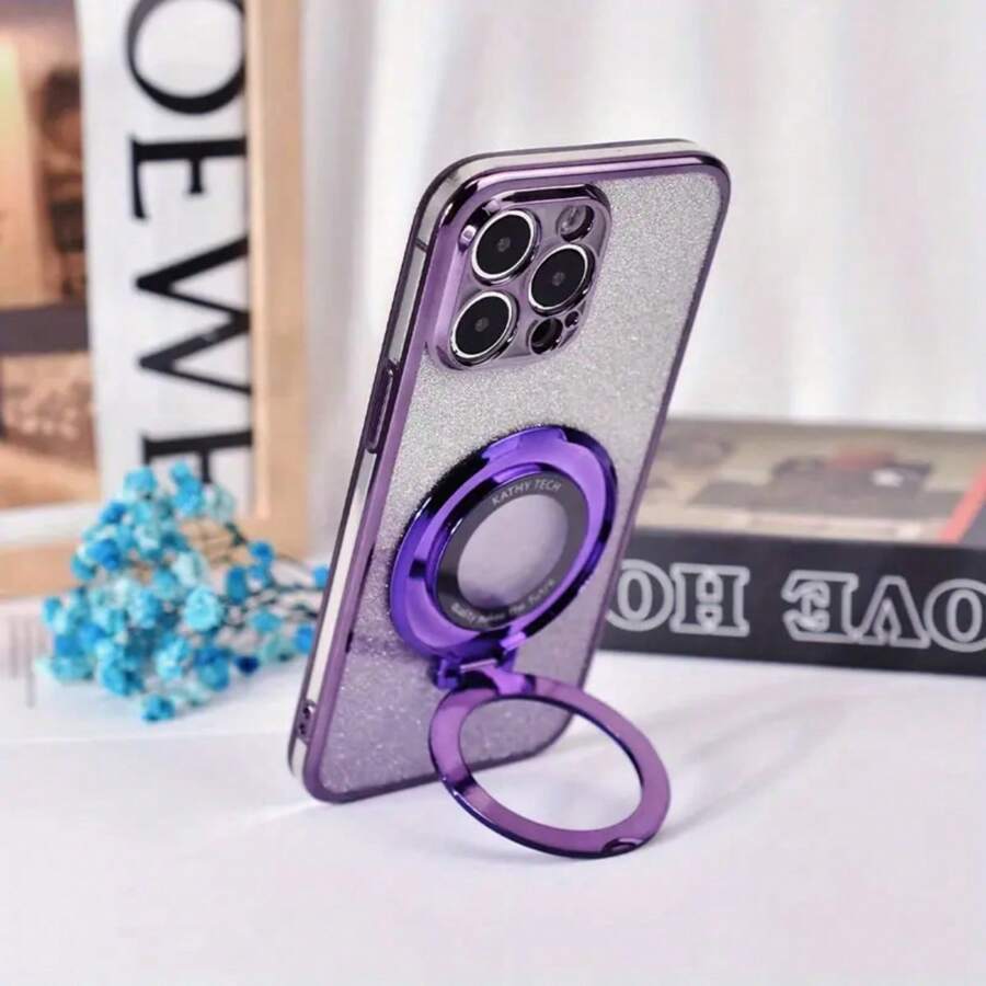 1pc Glitter Electroplated Perforated Gradient Magnetic Collapsible Phone Holder Case Compatible With Iphone 15 Pro Max, Compatible With Realme C55, Compatible With Honor 50 - Purple - View 1