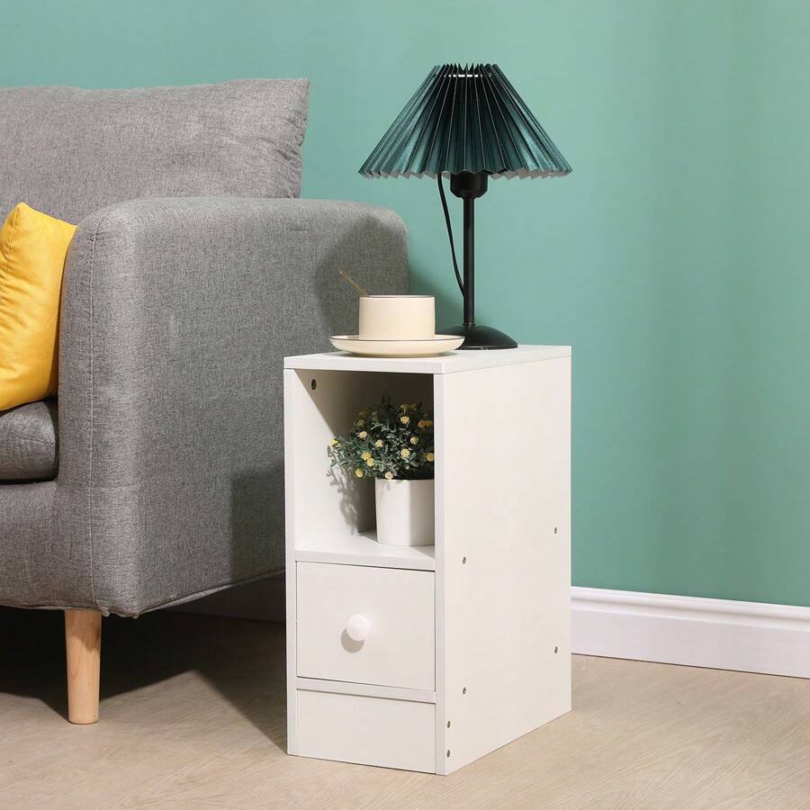 Slim Bedside Cabinet, Narrow Nightstand Side Table, Bedside Table With Drawer & Open Shelf For Bedroom, Living Room Sofa Side End Table - White - View 1