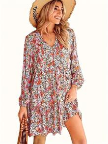 Vestido de manga larga, cuello en V, estampado floral, elegante y casual - Estilo Europeo/Estadounidense para Mujer - Rojo - Ver 5