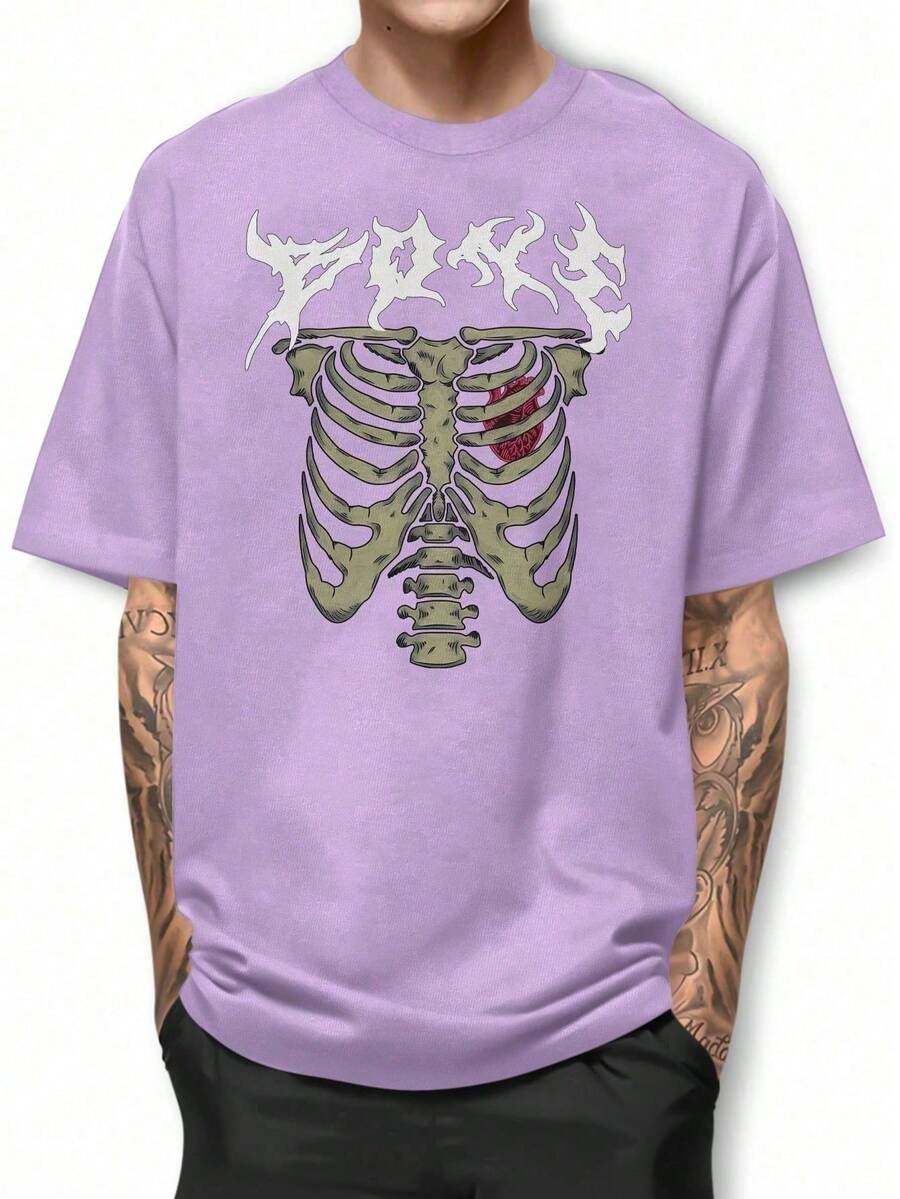 Bone Heart Skull Basic T-Shirt 100% Cotton Shirt GPJ1 - 中紫紅色 - 查看 1