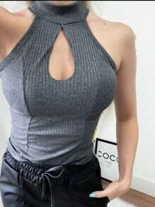 High Neck Ribbed Drop Neck Tank Top - Grey - View 2
