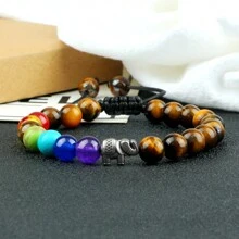 魅力大象吊墜手鍊，串珠手編手鍊，黑白天然石首飾男女禮物 - 彩色 - 查看 1