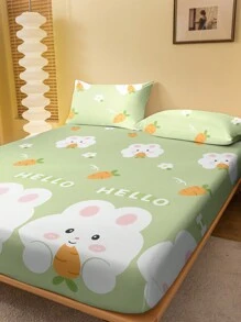 1 件可爱卡通兔子和胡萝卜印花拉绒床笠适用于卧室、床上用品套装（不含枕套） - 彩色 - 查看 3