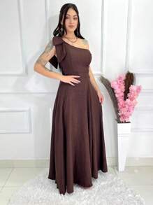 Long Luxury Plain Duna Linen Dress With Bow One Shoulder - Brown - View 2