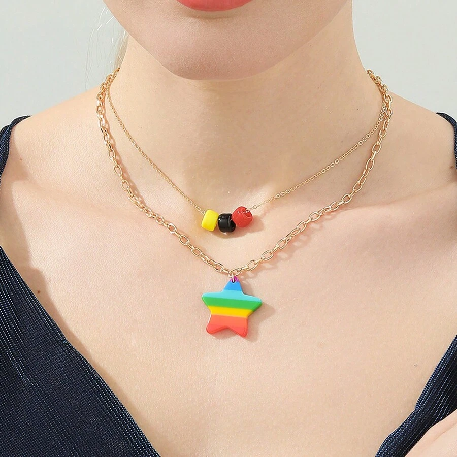 Vòng cổ nhiều lớp ngôi sao acrylic đầy màu sắc thời trang, chuỗi xương đòn thanh lịch - Nhiều màu - Xem 1