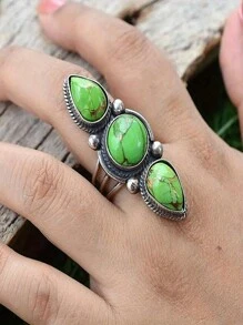1 pieza Anillo de moda unisex elegante y vintage incrustado con 3 piedras de turquesa, perfecto para aniversarios, cumpleaños, festividades, fiestas
