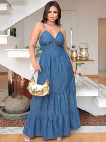 Long Thin Strap Denim Dress - Rửa trung bình - Xem 1