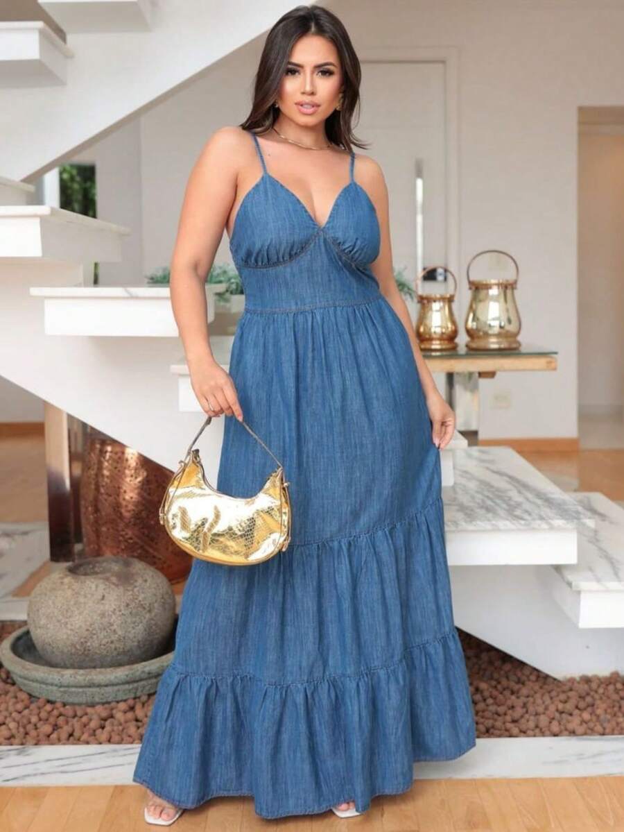 Long Thin Strap Denim Dress - Rửa trung bình - Xem 1