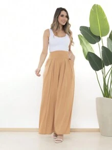 Loose Wide Leg Pantalona Pants Viscolycra Mesh Wide Waistband High Waist Pleats - Krem - View 3