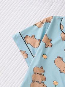 2pcs Cute Capybara Printed Ladies Lounge Wear Set, Short Sleeve Lapel Collar Top And Elastic Waist Shorts, Casual Pajamas And Homewear For Women, All Season, Two Pieces Set, Cool Light Blue